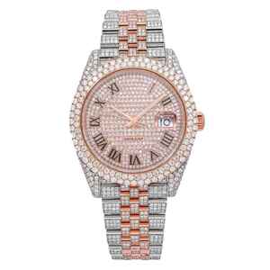 Reloj Analógico de Acero Inoxidable con Incrustaciones de Diamantes de Moissanita en Dos Tonos Oro Rosa de Alta Calidad, Números Romanos, Clásico, Moderno y Lujoso - Product Image 3