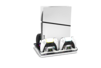 Station de refroidissement GAMINJA pour PS5/Slim/Pro avec double chargeur de manettes, 16 emplacements pour jeux, 7 ventilateurs de refroidissement RGB à 3 niveaux, support de charge