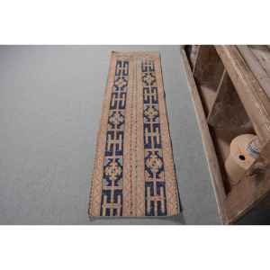 พรมขนแกะลายสี่เหลี่ยมสไตล์วินเทจสำหรับห้องนั่งเล่น1.7x5.7ft ลาเท็กซ์ดีไซน์แบบเย็บปะต่อสีส้มสีน้ำเงินสไตล์วินเทจ - Product Image 1