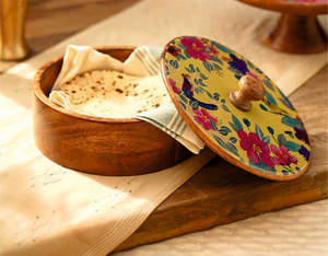 Printed Rounded wooden chapati box <b>with</b> <b>lid</b> hot safe and wood safe - Product Image 1