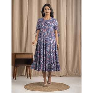 Vestido Boho de Algodón Mulmul Azul, Estampado a Mano, Cintura Imperio, Transpirable y Elegante - Product Image 3