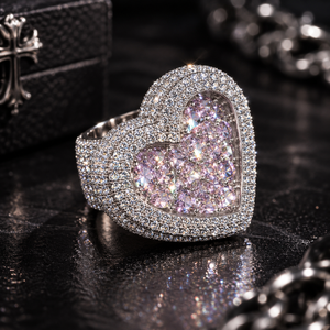Bague Cœur Rose Personnalisée en Moissanite VVS Taille Ronde Certifiée GRA, Or 14K, Pavé Sertissage Halo, Style Hip Hop, Bijoux Fins pour Hommes - Product Image 1