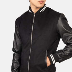 Men's Women's Black <b>Sheepskin</b> Leather Hybrid Varsity <b>Jacket</b> Water Proof XS Size Streetwear Style Hooded Collar Pattern - Product Image 5