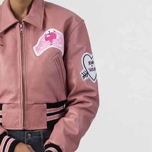 Fabricación 100% chaqueta universitaria transpirable con mangas de cuero de Color de contraste de alta calidad chaqueta universitaria hecha a medida para mujer - Product Image 4