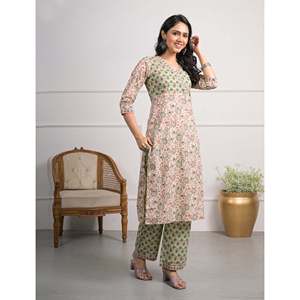 Green for Cream <b>Printed</b> Cotton <b>Block</b> Pant Set of 2 Salwar Kameez - Product Image 5