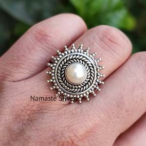 Handmade 925 Sterling <b>Silver</b> Boho <b>Statement</b> <b>Ring</b> Freshwater Pearl Jewelry Gift for Women on Valentine's Day - Product Image 1