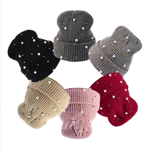 Gorro de punto de Invierno para mujer, sombreros de punto con perlas de diamantes de imitación, gorro de mujer, gorros suaves lisos para mujer - Product Image 1