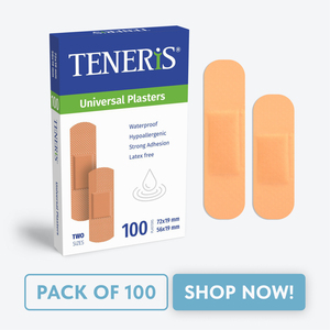 Pansements médicaux universels TENERIS, paquet de 100, imperméables, hypoallergéniques, sans latex, certifiés TUV, deux tailles, 72x19mm - Product Image 1