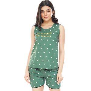 Conjunto de pijama estampado personalizado para mujer Camiseta sin mangas con estampado de corazón bonito con pantalones cortos de estrella para mujer Conjunto doble de 2 piezas para ropa de dormir - Product Image 1
