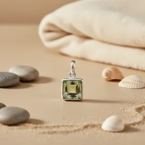 "Green Amethyst Square Cut <b>Pendant</b> for Women-925 Silver <b>Crystal</b> Charm" - Product Image 3