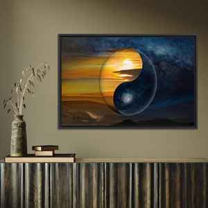 Art sur toile Yin Yang : impression sur verre trempé, décoration lumière et ombre, toile encadrée noire - Product Image 1