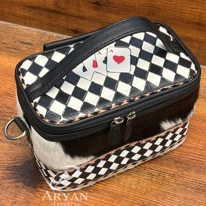 กระเป๋าหนังวัวสีดำลายตารางหมากรุกสีขาวสีดำสำหรับใส่เครื่องสำอางกล่องใส่ไพ่โป๊กเกอร์อุปกรณ์จัดระเบียบเครื่องสำอางกล่องเดินทาง - Product Image 1