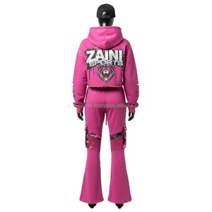 Conjunto Deportivo de Felpa de Algodón para Mujer, 300 GSM, Top Corto con Capucha Rosa, Pantalones Acampanados, Panel Táctico, Logotipo Personalizado, Tallas Grandes - Product Image 2