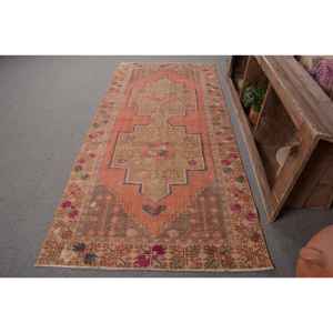 Vintage Turkish Rug 3.9 X 8.2ft Orange Green Patchwork Design Wool Flat Weave Technique Latex for Living Room Decorations - Product Image 1