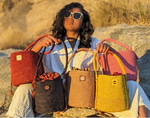 Sac seau Ana Raffia pour femme, style bohème, avec cordon de serrage, rouge, sac de plage, bandoulière simple, logo décoratif - Product Image 6