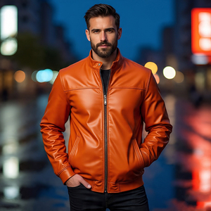 แจ็คเก็ตหนังบุนวมมีซิปสำหรับผู้ชายเสื้อโค้ทหนังสไตล์วินเทจ - Product Image 5