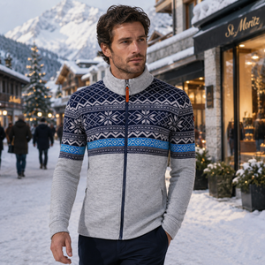 Chaqueta de Punto Gris con Cierre para Hombre, con Patrón Nórdico, Cuello Alto, Transpirable, Ropa de Esquí de Acrílico - Product Image 3