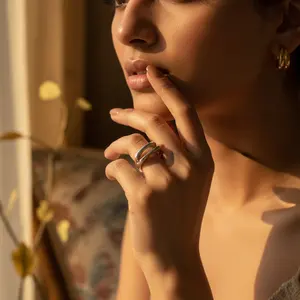 现代简约925银双环戒指方形几何设计锆石14k纯度镀铑切割宝石定情戒指 - Product Image 2