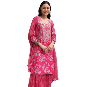 Conjunto de Tussar Kurta Sharara con estampado rosa con Gotta Patti Dupatta para fiesta de boda festiva Ocasión de recepción India - Product Image 2