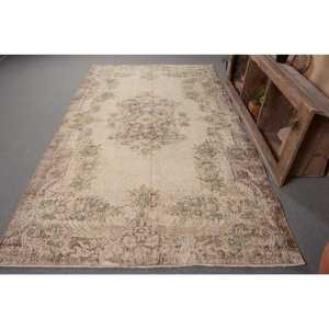 Tapis turc vintage 5.7 X 9.9ft Beige marron tissage plat laine Patchwork motif pour décor de salon ou couloir support en Latex - Product Image 1