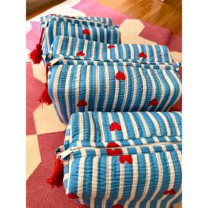 Blue Heart Vintage Style Lightweight Waterproof Lining Cosmetic Bags Set 3 Medium Size Zipper Closure Bead Tassel Trim - Product Image 2