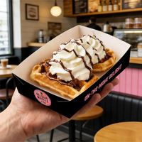 Emballage alimentaire jetable en papier à ouverture supérieure pour crème fouettée, sauce au chocolat, gaufre, plateau à gaufres