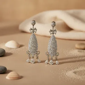 Women's Vintage Silver <b>Dangle</b> <b>Earrings</b> with White Zircon <b>Diamond</b> Pearl Stones Gold Plated Jewelry for Christian Weddings Parties - Product Image 2