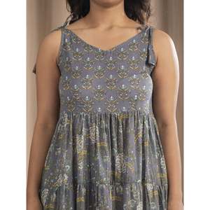 เดรสผ้าฝ้ายมัลมัลสีเทา สายผูกไหล่ พิมพ์ลายบล็อกด้วยมือ สไตล์ลำลอง เอวธรรมชาติ ระบายอากาศได้ดี - Product Image 2