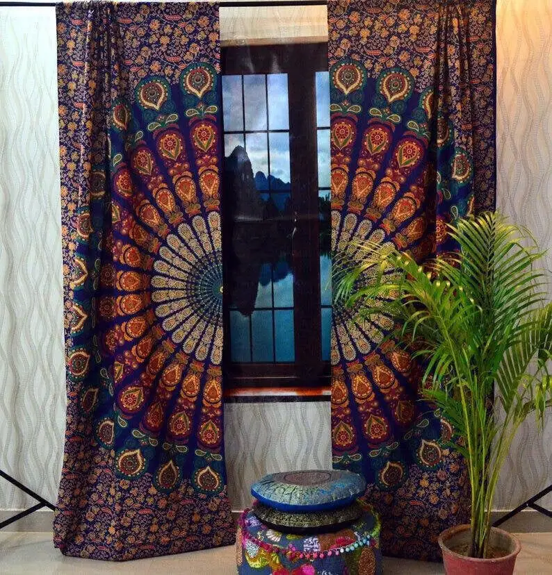 Indian Mandala Window Curtains Cotton Drape Balcony Room Decor Curtain Set 2 PC Boho Decorative Bohemian Blinds Mandala Art OEM