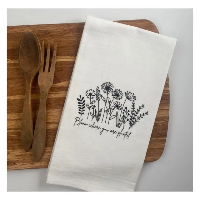 Blüte, wo Sie gepflanzt werden Slogan Gedruckt 100% Bio-Baumwolle GOTS Certified Dish Towel Reinigung Super weiches Tuch für Gläser