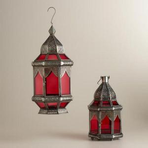 Lampes et lanternes islamiques suspendues ensemble de 3 artisanat en métal lanternes décoratives en verre bleu photophore décoration Eid Ramadan - Product Image 4