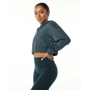 Sudadera corta con capucha para mujer, 55% algodón, 45% licra, estilo de hombro con cremallera completa - Product Image 3