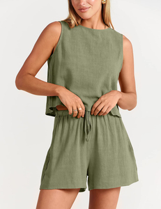 Two Piece Clothing <b>Set</b> Solid Tank <b>Top</b> Female Linen <b>Shorts</b> 2 Piece <b>Set</b> for Women 2026 - Product Image 3