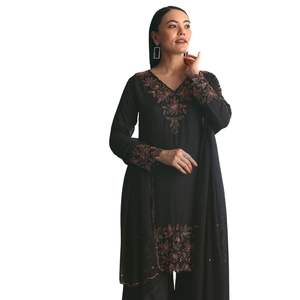 Kurta palazzo en soie noire ensemble avec coupe Dana travail vente en gros de vêtements ethniques pour femmes OEM usine de vêtements fournisseur en vrac mode personnalisée - Product Image 4