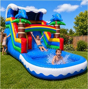 Toboggan aquatique gonflable tropical de 21 pieds avec piscine, motif dauphin arc-en-ciel, pour enfants, usage commercial, en PVC, pour jardin - Product Image 1