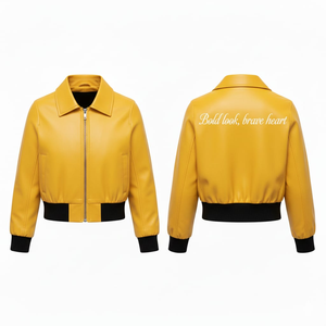 Chaqueta Bomber de Cuero Amarillo para Mujer, Impermeable, Rellena de Algodón, Bordado Personalizado, Ajustada, Informal, Estilo Motero - Product Image 1