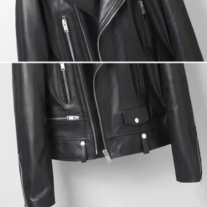 แจ็กเก็ตหนังวัวแท้แบบสวมหัวสำหรับผู้หญิงแจ็คเก็ตขี่มอเตอร์ไซค์ทรงพอดีตัวคอวีสไตล์ใหม่ - Product Image 3