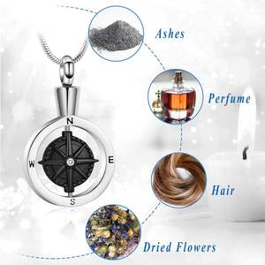 Steel black Compass Cremation Jewelry <b>for</b> <b>Ashes</b> Stainless Steel <b>Urn</b> <b>Necklace</b> <b>for</b> <b>Ashes</b> Adjustable <b>Urn</b> <b>for</b> Women Men Custom Size - Product Image 3
