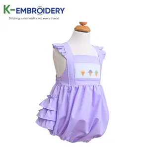 K-nakış güzel mor önlüklü dondurma konileri toptan bodysuits, büzgülü çocuk elbisesi, çocuk giyim SBS124