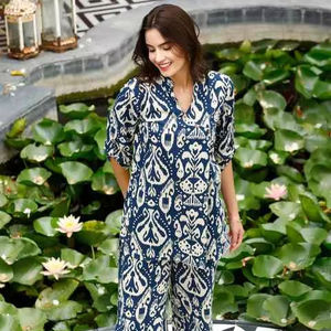 ชุดเสื้อผ้าฝ้ายแท้พิมพ์ลายดิจิตอลทำมือ2ชิ้นใส่ได้ทุกวันใส่สบายๆสีฟ้าและสีขาวสั่งสินค้าจำนวนมากได้ - Product Image 1