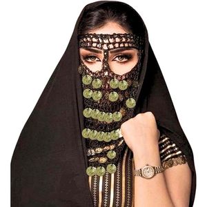 Traditional Egyptian Face Veil - Black Handcrafted Crochet Burqa with Gold Coins for <b>Belly</b> <b>Dance</b> & Folkloric <b>Costumes</b> - Product Image 6