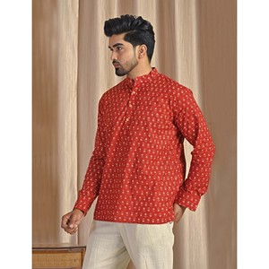 Kurta court en coton popeline rouge imprimé pour homme, chemise décontractée à manches longues, respirante et confortable - Product Image 4