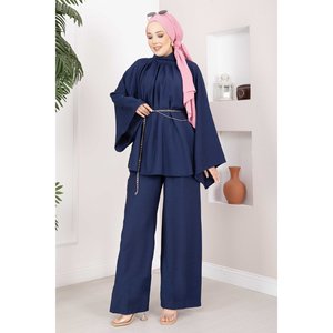 Stylish <b>Navy</b> Blue Chain Belt Tunic and Pants Set Casual Flared Velour and Crepe One Set - Product Image 3