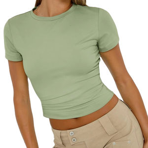 Camiseta bordada de microfibra de secado rápido para mujer, ropa de moda de talla corta, Camiseta estampada de Material mixto para mujer, camiseta alta - Product Image 1