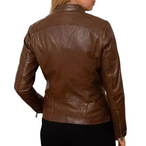 Chaqueta de cuero de motorista marrón de piel de cordero genuina para mujer Otoño Invierno Varsity estampado con botón decoración bolsillo para motocicletas - Product Image 2