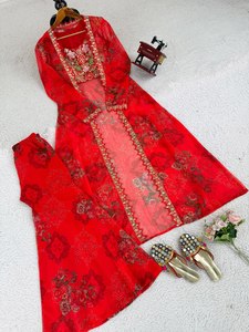 Stylish Red Party Wear Sharara Set with Embroidered Blouse & Floral Print <b>Shrug</b> Indian Fashion - Product Image 5