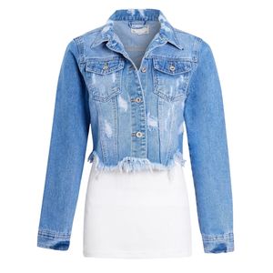 Women's Cropped Acid Wash <b>Denim</b> <b>Jacket</b> with Button Detail Casual Winter Style Stylish Ripped Design for Daily Wear - Product Image 1