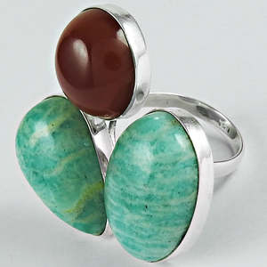 Anillo de Plata de Ley 925 con Amazonita Natural y Piedra Preciosa de Cornalina, Bonito Diseño Bohemio para Boda o Compromiso - Product Image 1
