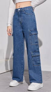 Jeans droits à boutons en denim délavé bleu respirant pour femmes, vêtements d'hiver décontractés avec pantalon cargo à l'avant plat, service OEM à vendre - Product Image 2
