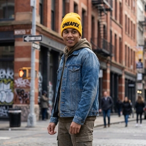 Yellow Black Knit Beanie Hat Ribbed Cuff <b>Winter</b> <b>Cap</b> Unisex Streetwear Fashion Headwear Custom Wholesale OEM Maker - Product Image 2